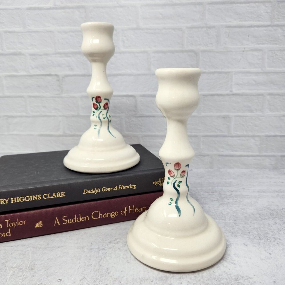 Pair Vintage Ceramic ROSES‎ and Ribbons Floral Taper Candlesticks Candle Cottage
